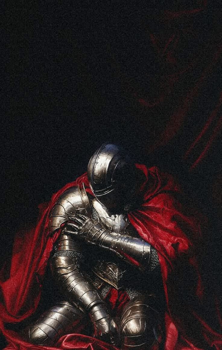 Pintura oscura de una armadura arrodillada envuelta en una capa roja