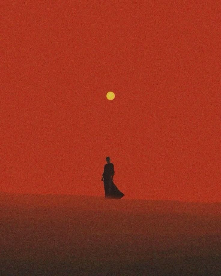 Silueta caminando sobre una duna bajo un cielo rojo con un sol pequeño